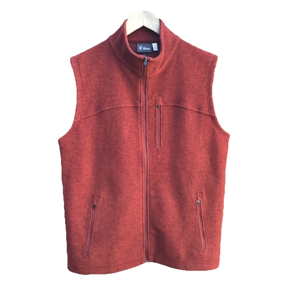 Ibex Men's Medium Merino Wool Full Zip Vest Red Outdoor Hiking Wool